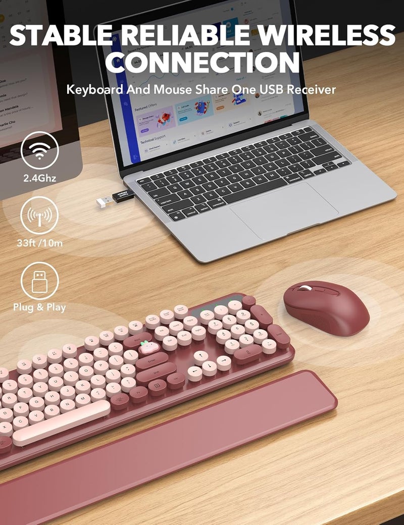 Trueque Wireless Keyboard and Mouse Combo - Cute Typewriter Keyboard with Detachable Wrist Rest, Retro Round Keycaps, Foldable Legs, 2.4GHz Full-Size Keyboard for PC, Laptop, Windows - (Wine Red) - Image 4